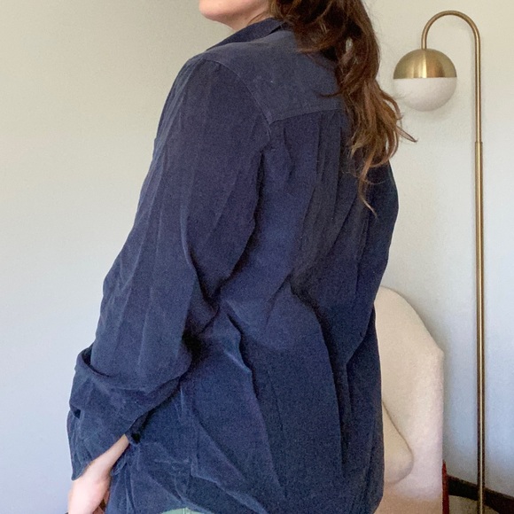 Navy Corduroy Long Sleeve Button Down with Floral Detail - Picture 3 of 6